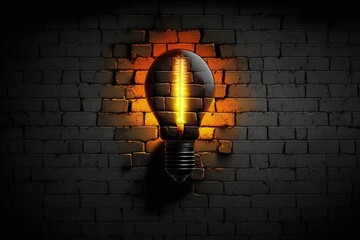 Yellow light bulb, background with brick wall, concept of ideas and creativity. generative AI