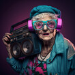 A cool hipster grandmother with a cap and sunglasses listening to loud music with a ghettoblaster on her shoulder, synthwave style. Generative AI 