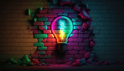 Colorful light bulb, background with gradient bricks wall, concept of ideas and creativity. Generative AI