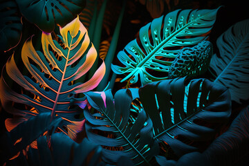 Wall Mural - neon background of tropical leaves, created by a neural network, Generative AI technology