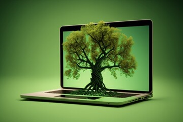 Tree on laptop screen, green background. Generative AI