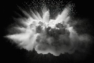 Poster - Strange white powder explosion cloud shapes against a dark background. Splashing white dust particles. Generative AI