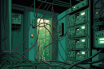 Poster - the server room's strong lights. unorganized wiring tangles in the data center. generative ai