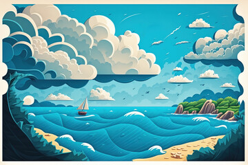 Poster - summer landscape with a deep blue sea and clouds. generative ai