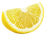 Ripe wedge of yellow lemon citrus fruit stand isolated on transparent background