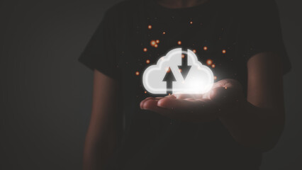 Cloud technology system is computing sharing management for upload download transfer electronic information and application. Woman hand holding virtual cloud illustration icon with black background.