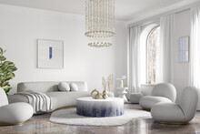 Modern Interior Design Of Luxury Apartment, Living Room With White Sofa, Round Armchairs. Accent Coffee Table And Chandelier. Home Interior With Furry Rug. 3d Rendering