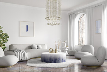 modern interior design of luxury apartment, living room with white sofa, round armchairs. accent cof