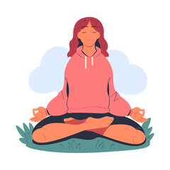 Sticker - Calm beautiful woman meditating in lotus position on nature cartoon vector illustration