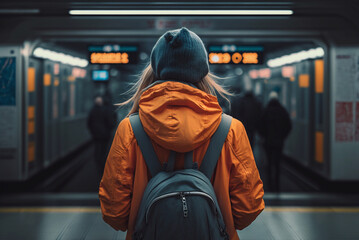 young woman waits at the metro station while the train arrives. transportation and travel concept. g