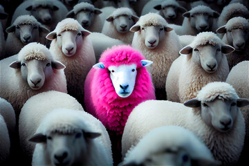 Flock of white sheep and a pink one in the middle, symbolizing individuality, generative AI