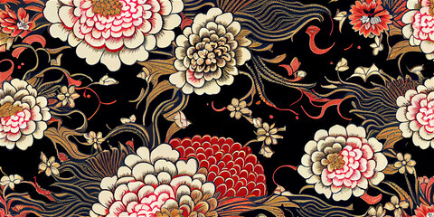 Delicate Japanese style floral pattern, ideal for backgrounds, generative AI