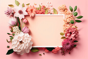 Wall Mural - Empty pink picture frame with colorful spring flowers on pink background. Illustration AI