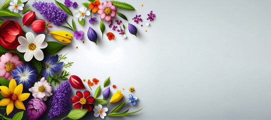 Colorful spring flowers on white background with copy space. Illustration AI