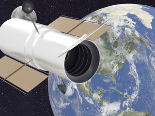 Wall Mural - Space Telescope Hubble near the Earth planet of Solar system in outer space. 3D rendered illustration. Elements of this image where furnished by NASA.