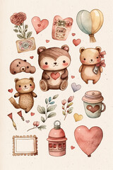 Wall Mural - Cute illustrations in Water color of sweet emotes and objects, hearts and flowers, love card for valentine ,Generative AI