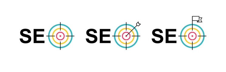 SEO icon with target. SEO Optimization, analytics and Marketing. The concept of achieving a goal in SEO. Vector illustration