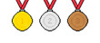8 bit pixel art gold, silver, bronze medal with red ribbon. 1st, 2nd and 3rd places. Vector illustration