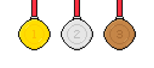 8 bit pixel art gold, silver, bronze medal with red ribbon. 1st, 2nd and 3rd places. Vector illustration