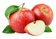 © Roman Samokhin - Ripe red apple fruit with slice and green leaves isolated on transparent background. Red apples and leaves