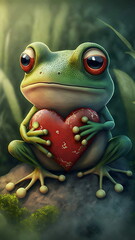 Cute frog holding a red heart. Valentine's day background