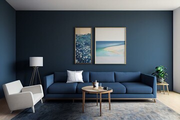 a chic and uncomplicated living space, warm blue in color, generative ai, and photorealistic in appearance to represent a painting hanging on the wall