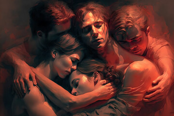 A beautiful AI painting of a loving orgy of many men and women, all hugging and embracing each other at the same time, shirtless or naked, connected both physically and emotionally, sensual and sexual