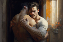 Two Gay Men, Lovers, In An Intimate Embrace/hug Showing Great Affection And Love To Each Other, LGBTIQ , Naked Or Clothes. Portrait, Close Up, Generative AI (not Based On Real People). 