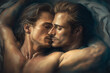 Two gay men, lovers, in an intimate embrace/hug showing great affection and love to each other, LGBTIQ+, naked or clothes. portrait, close up, generative AI (not based on real people). 