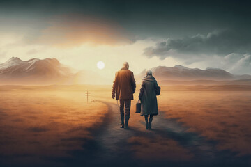 Elderly couple walking along an empty dirt path toward mountains. AI generated illustration.