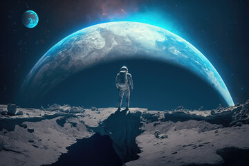Wall Mural - Astronaut standing on moon surface, looking up at blue Earth, generative ai