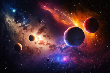 Wall Mural - Galactic sky with shimmering stars, radiant nebulae and colorful planets, generative ai