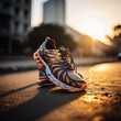 Running shoes in the street at sunset, generative ai
