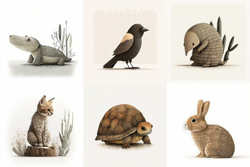 a set of six cute animals, mammals, birds, reptiles, from the area of alabama, usa in watercolor, il