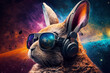 coelho com óculos e galaxia ao fundo conceito de festival musical de música eletrônica 