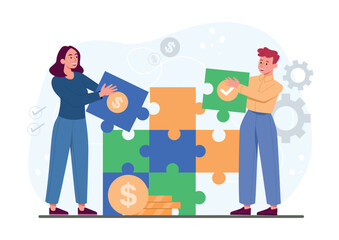 Poster - People connecting puzzles. Teamwork and partnership, employees work on common project. Communication and interaction. Effective communication and collaboration. Cartoon flat vector illustration