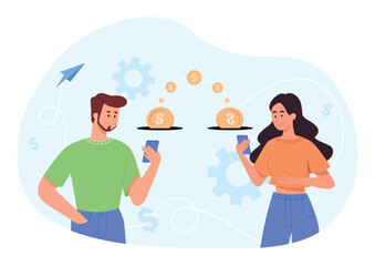 Poster - Online money transfer. Man and woman with smartphones send gold coins. Banking operations, cashless transactions and ewallet. Modern technologies and innovations. Cartoon flat vector illustration
