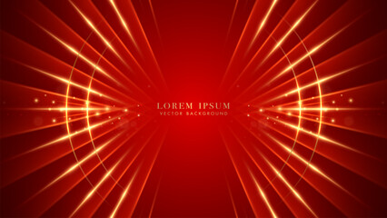 Golden circle with shiny dots, glitter light and beam effect decoration on red luxury background. Elegant style vector design