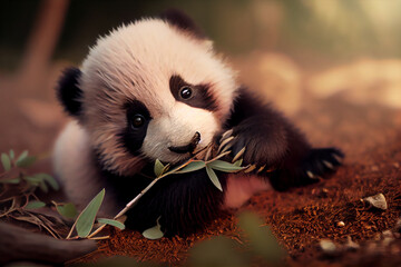 Wall Mural - Baby panda eating bamboo generative ai 