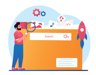 Poster - Electronic database of files. Man with magnifying glass examines pictures and media. Modern technologies and digital world. Cloud and electronic storage, archive. Cartoon flat vector illustration