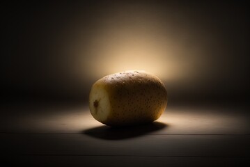 Wall Mural - An extreme close-up of a raw potato on a white table, shot from the vertical Generative AI