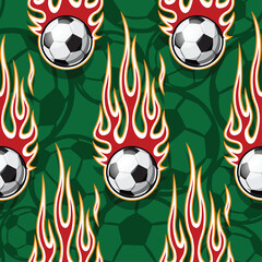 Canvas Print - Football and tribal fire flames Seamless pattern vector art image. Burning soccer balls repeating tile sports background wallpaper texture.