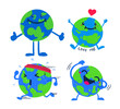 © charactoon - Collection set of cartoon earth with different expression. Cute planet exercise jogging and hugging postures drawing illustration