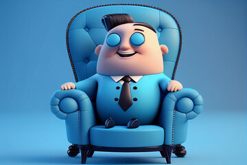 3d cartoon character cute fun smiling child businessman sit on armchair on blue background, image ai midjourney generated