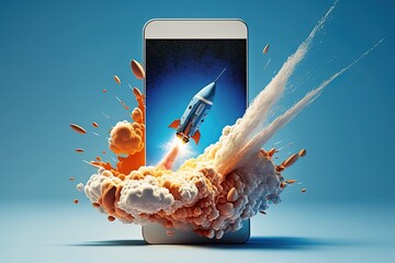 Rocket coming out of cell phone screen, startup concept, blue background. Generative AI