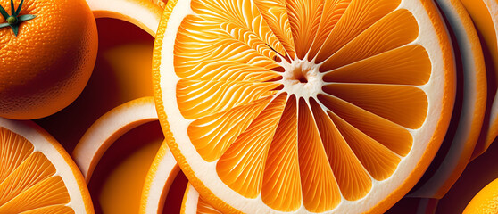 Wall Mural - fresh orange,lime, and lemon slices fruits with leaves as background on top view generative ai