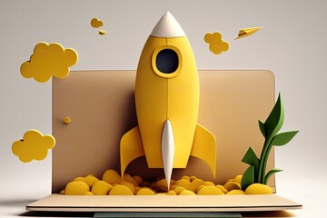 Wall Mural - rocket made from paper cutout with laptop, white background. generative ai