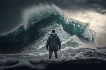 man standing front of big strom wave abstract background. challenge and brave concept. generative ai