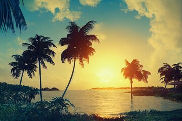 summer vacation banner. romantic vibes of tropical palm tree sunlight on sky background. outdoor sun
