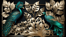 Luxury Metalic Peacock And Tropical Leaves Nature Abstract Background. Generative AI